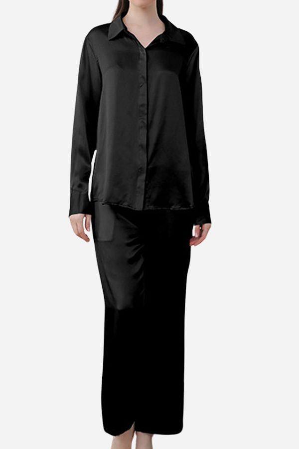 Black classic Mulberry silk sleepwear set with long-sleeve button-up top and full-length pants.