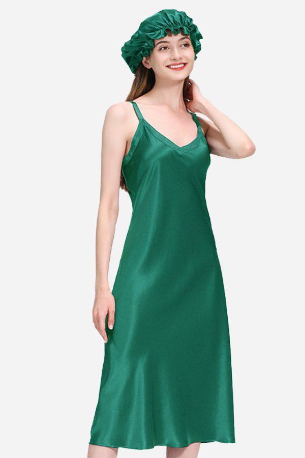 Green mulberry silk elegant night dress with spaghetti straps and matching silk bonnet on model