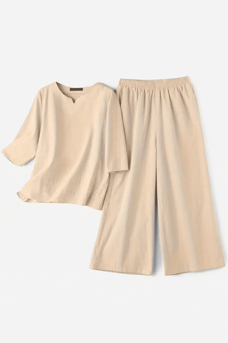 Beige cotton casual solid color pants set with loose-fit top and wide-leg pants