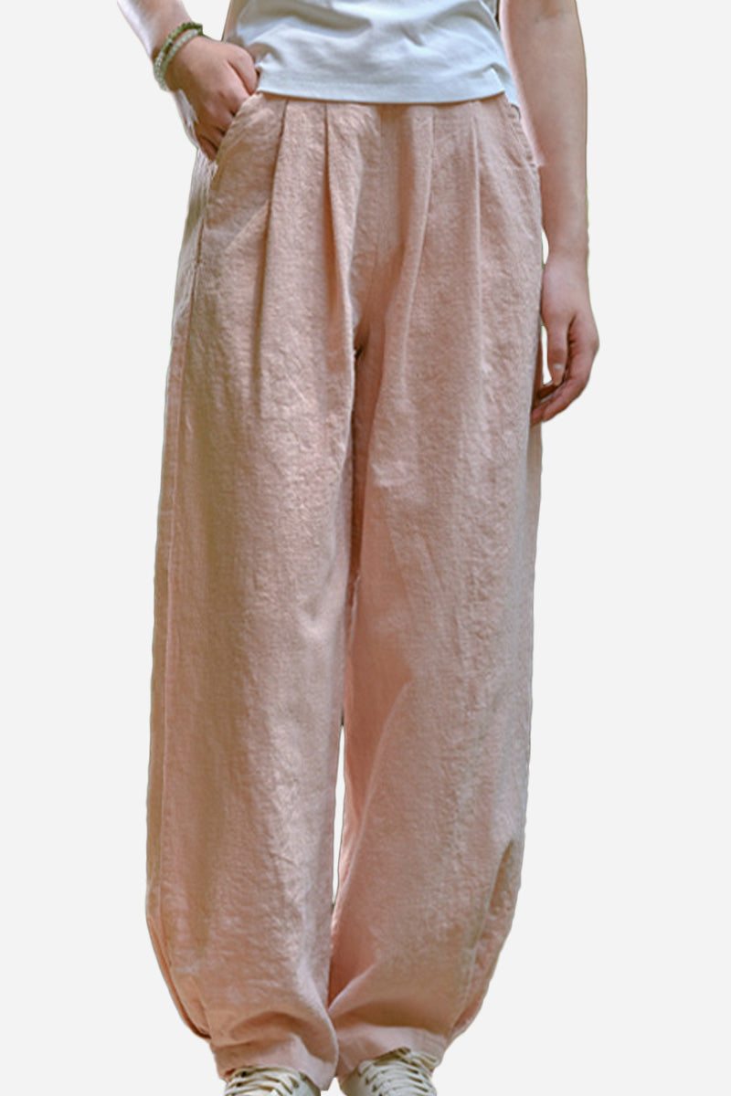 Lightweight breathable pink Ramie Linen Cotton Pants with relaxed fit and side pockets