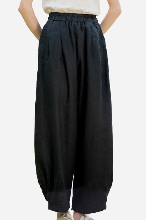 Black Ramie Linen Cotton Pants with relaxed fit and elastic waistband for women