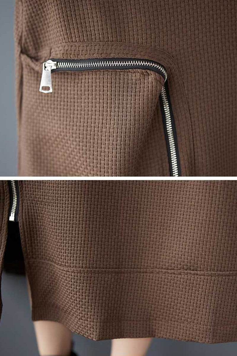 Close-up of brown waffle fabric ZipLine Oversized Long Coat with silver zipper pocket detail