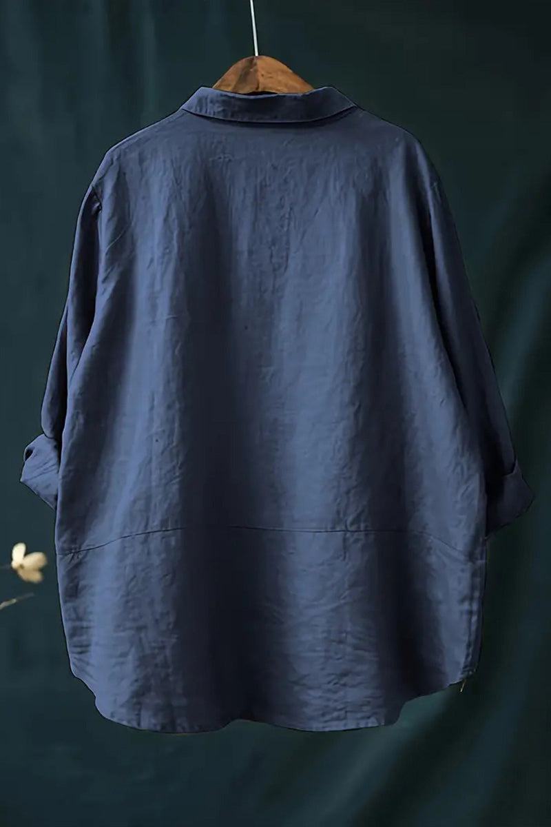 Vintage linen shirt navy blue breathable cotton-linen blend casual chic long sleeve