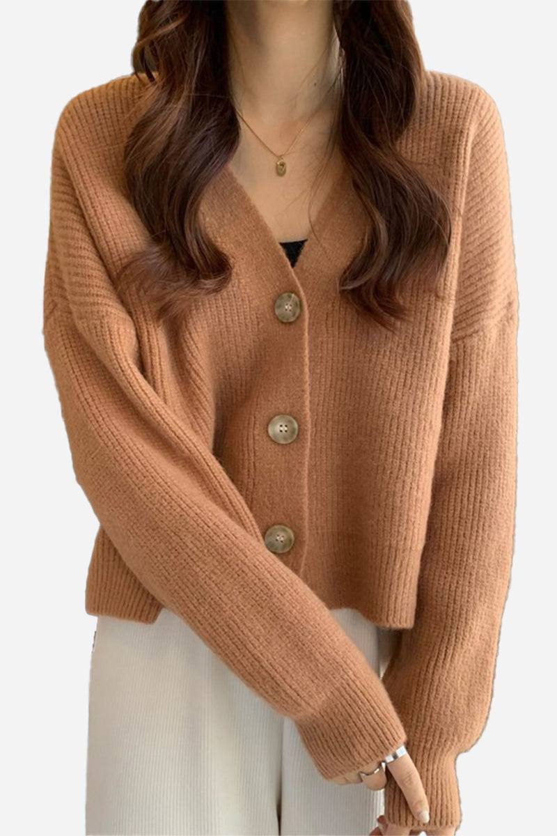 Casual loose boxy cardigan in soft ribbed knit with buttons and V-neckline