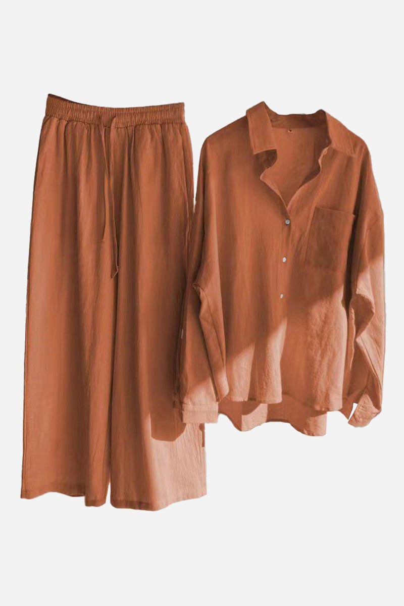 Cotton-linen blend rust-colored two-piece set with loose-fit shirt and wide-leg pants