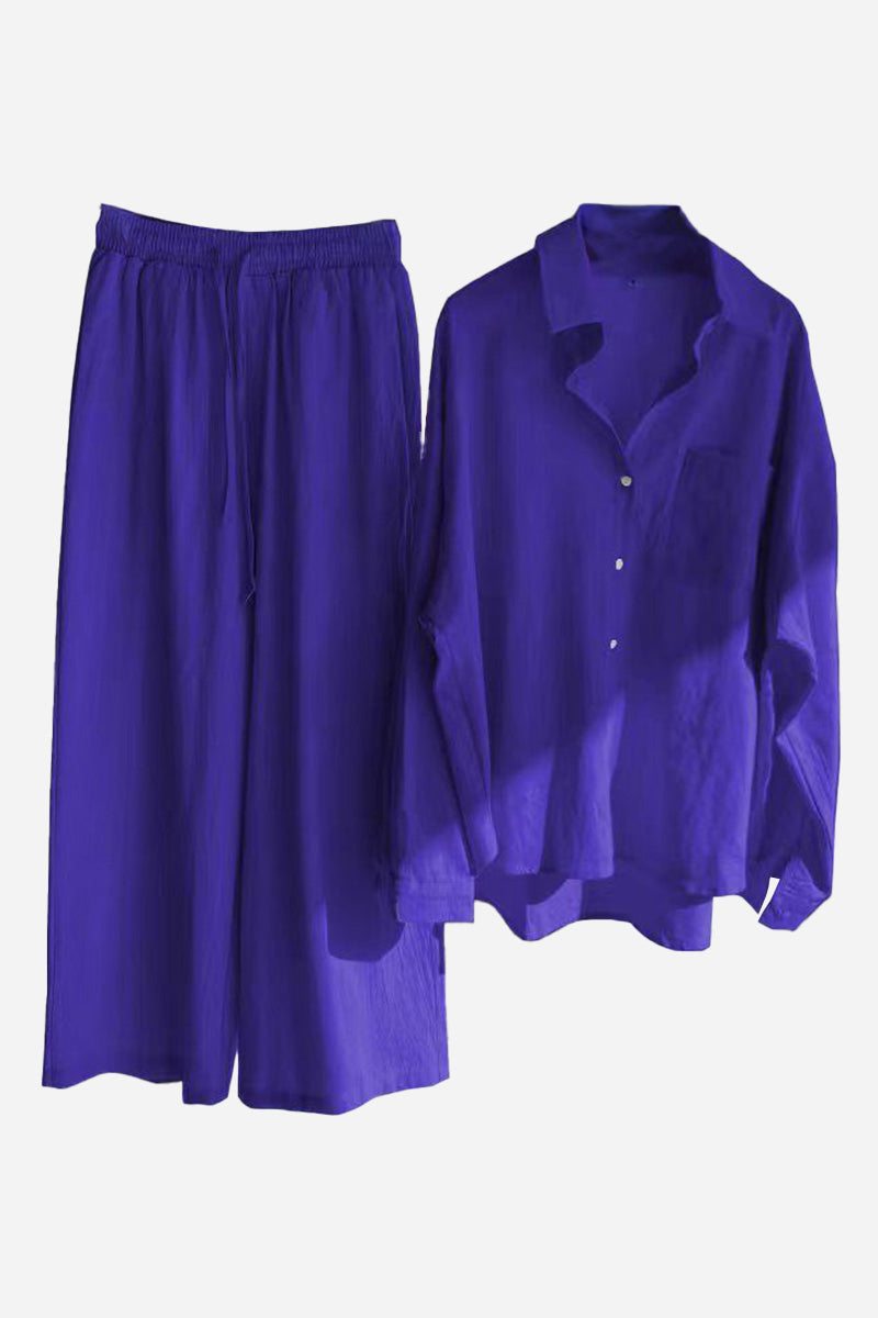Purple cotton-linen two-piece set with long-sleeve shirt and wide-leg pants