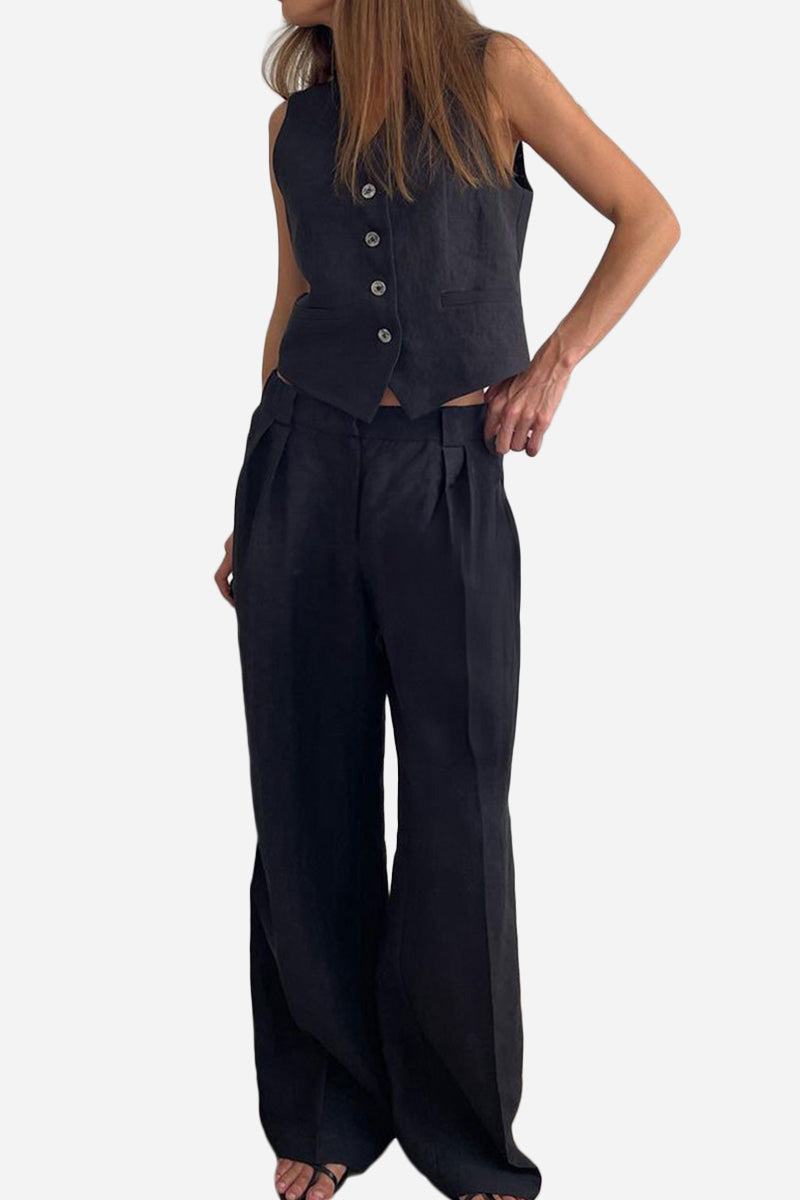 Eco chic linen blend black sleeveless vest and wide-leg pants two-piece outfit