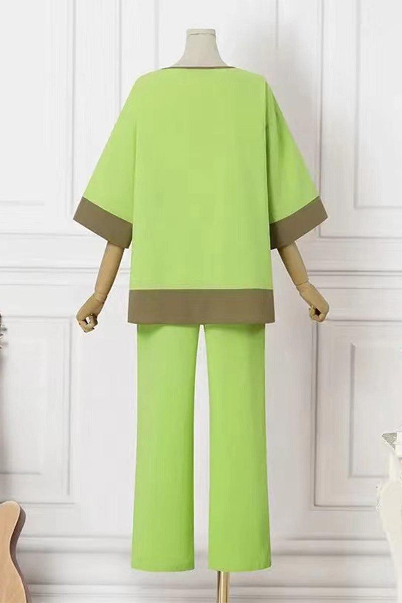 Dual-tone 3/4 sleeve two-piece set in lime green with brown trim, comfortable relaxed fit, cotton blend fabric ideal for changing seasons.