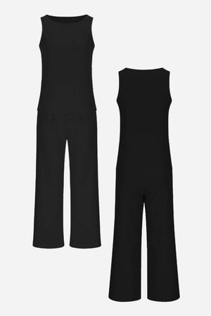 Sleek silhouette black sleeveless top and wide-leg pants coordinated set for versatile stylish wear