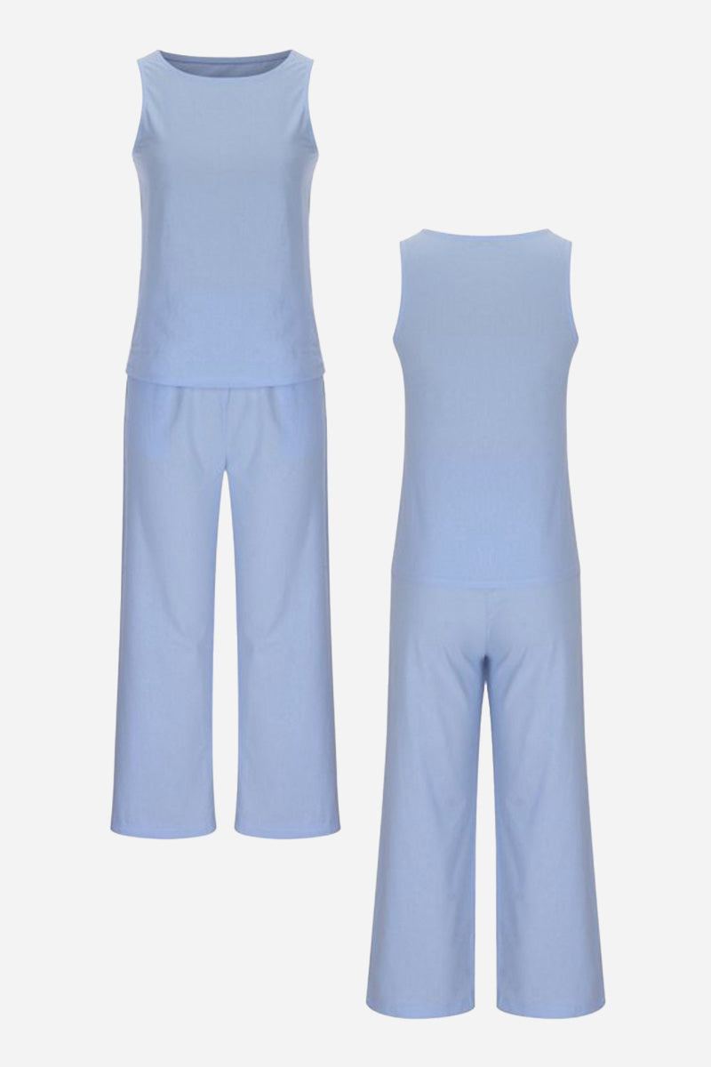 Light blue sleeveless top and wide-leg pants set, sleek silhouette coordinated outfit, lightweight polyester-spandex fabric.