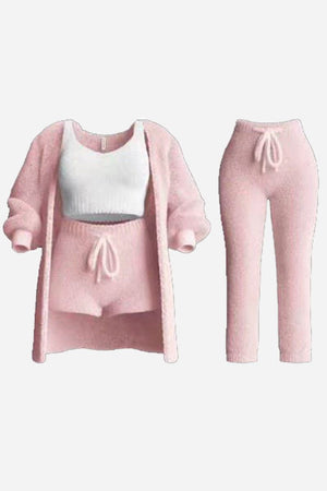Cloud Soft 4-Piece Collection cozy pink loungewear set with cardigan, tank top, shorts, and pants