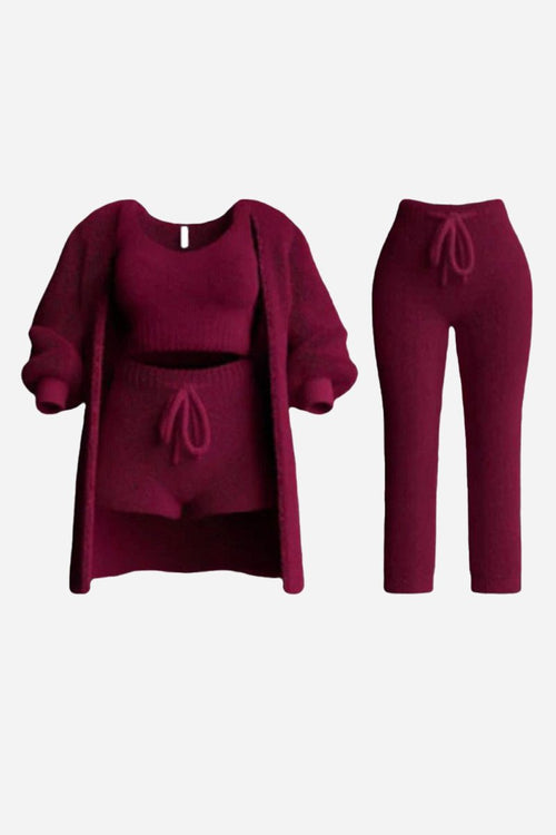 Cloud Soft 4-Piece set with burgundy knit cardigan, crop top, shorts, and pants for cozy, stylish comfort
