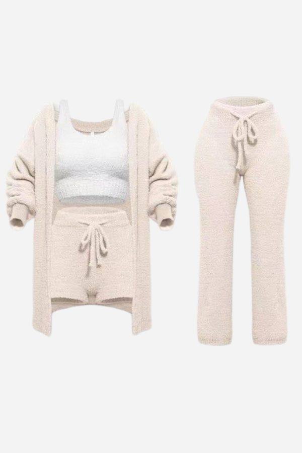 Cloud Soft 4-Piece collection with cozy cardigan, tank top, shorts, and pants in soft beige fabric