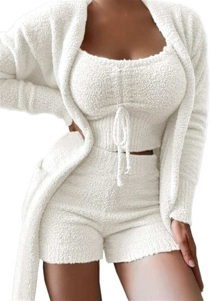 Woman wearing white Cloud Soft 4-Piece cozy soft-touch lounge set with cardigan, tank top, shorts, and pants.