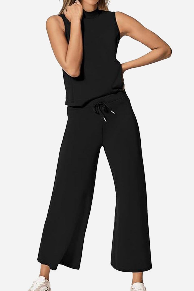Black cotton chic sleeveless two-piece set with relaxed fit and wide-leg pants