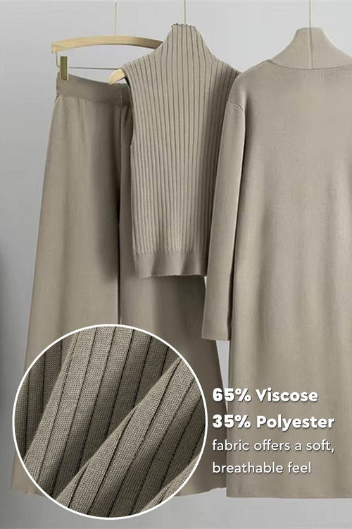 Three-piece collection featuring soft breathable fabric blend of 65% viscose and 35% polyester in a neutral beige color