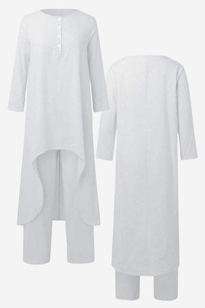 Breathable and featherlight white two-piece lounge set with long sleeves and asymmetrical tunic top