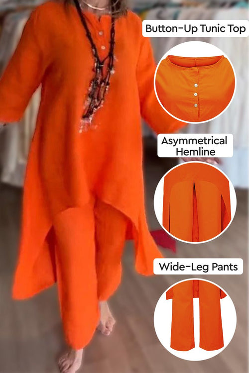Breathable & featherlight vibrant orange lounge set with button-up tunic, asymmetrical hemline, and wide-leg pants