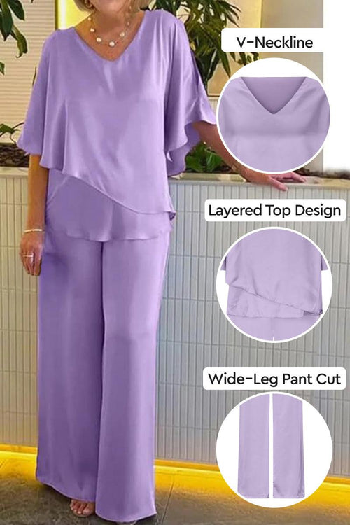 Elegant Layers Two-Piece Set with lavender layered V-neck top and wide-leg pants in lightweight fabric