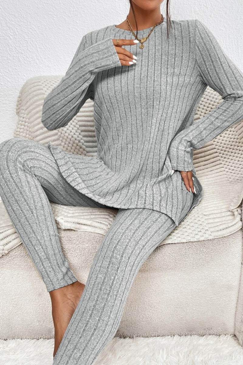 grey Butter Touch Ribbed Two-Piece Set with long sleeve top and leggings, ribbed texture, cozy and stretchy lounge wear