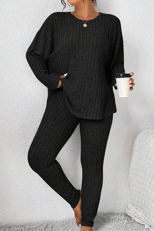 body confident oversized knit two-piece cozy black ribbed sweater and leggings set for women