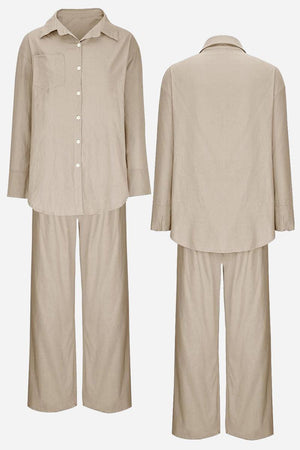 Beige Vacation Essentials Cotton Set with button-up shirt and wide-leg pants, shown front and back, made from breathable cotton blend.