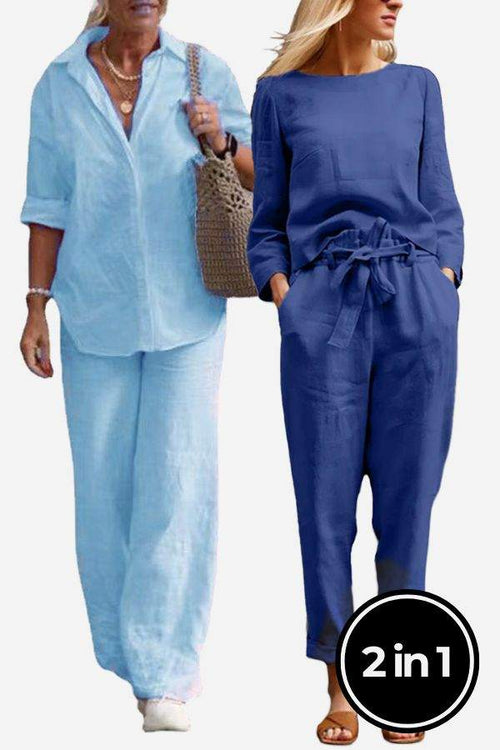 Casual Chic Duo breathable cotton and linen two-piece sets for women, mix and match outfits in light blue and navy