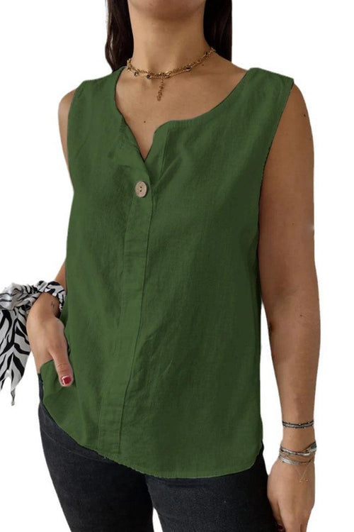 Green sleeveless 100% pure linen vest with V-neck and button detail for cool comfort.