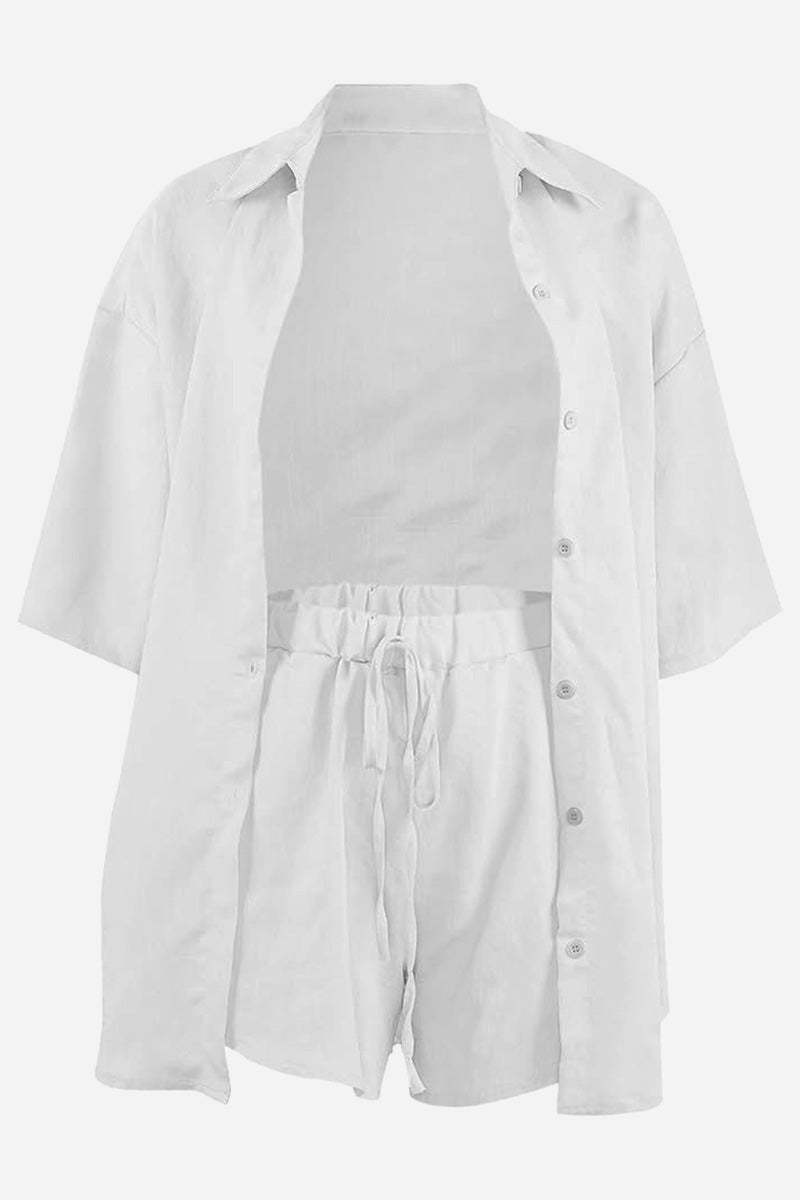 White Coastal Linen Cotton two-piece casual shirt and shorts set for women