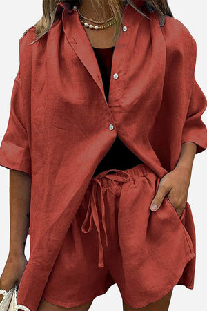 Coastal Linen Cotton two-piece set in rust color with button-up shirt and drawstring shorts