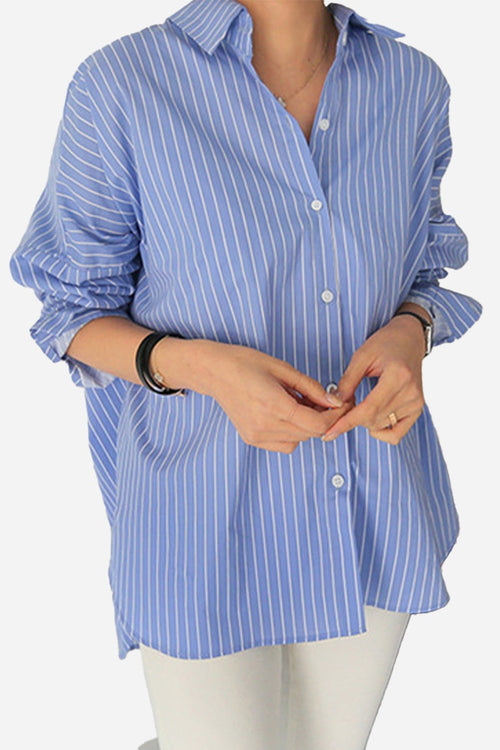 100 cotton oversized blue striped shirt with relaxed fit and button closure