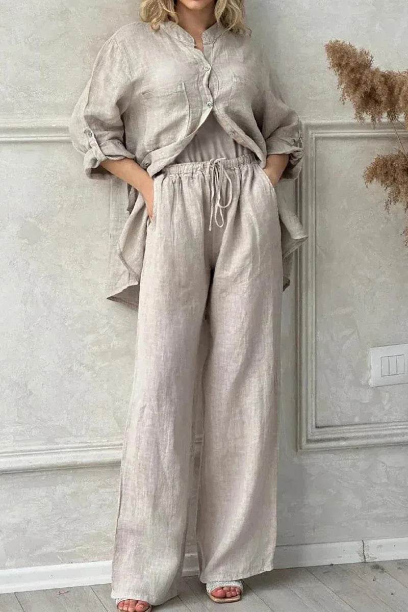 Women's 100% cotton beige two-piece double comfort set with relaxed fit and drawstring pants