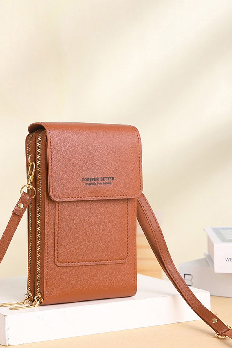 Brown PU leather anti-theft travel crossbody phone pouch with adjustable strap and secure zippered compartments