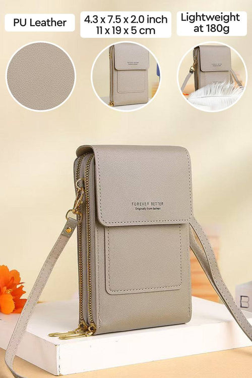 Anti-Theft Travel Crossbody Phone Pouch in beige PU leather with adjustable strap and secure zip compartments