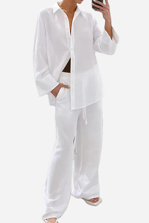 100 Cotton Wanderlust white two-piece cotton set with relaxed fit and button-up shirt