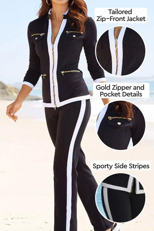 Black contrast zip two-piece with tailored zip-front jacket, gold zipper details, and sporty white side stripes.