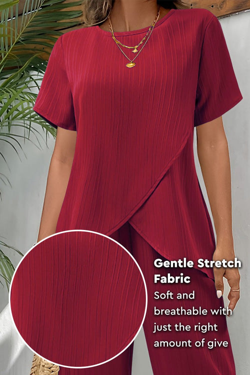 Red textured elegance two-piece set with gentle stretch fabric and asymmetrical top design