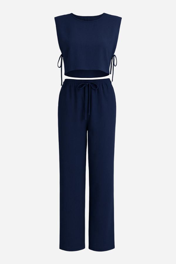 breathable cotton-linen blend navy blue sleeveless crop top and drawstring pants set for women