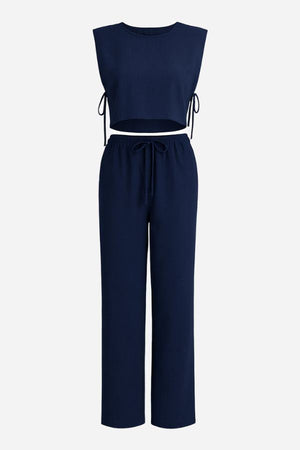 breathable cotton-linen blend navy blue sleeveless crop top and drawstring pants set for women