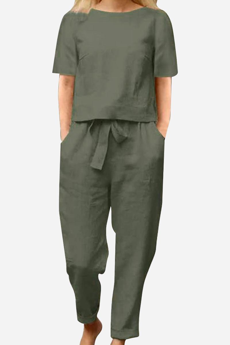Women's cotton-linen blend monochrome two-piece set with short sleeves and relaxed fit in olive green