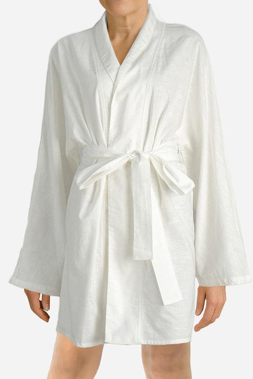 White cotton-linen blend luxury spa robe with kimono cut and belt closure