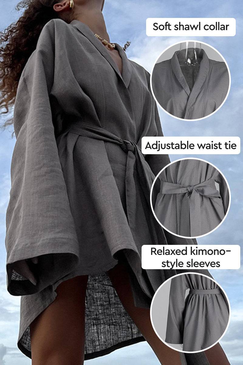 Gray cotton-linen blend luxury spa robe with shawl collar, adjustable waist tie, and relaxed kimono sleeves