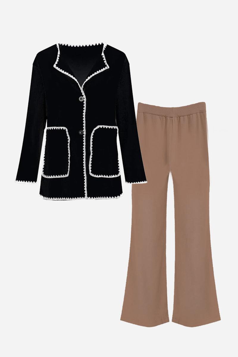 Black contrast-trim knit cardigan with matching brown pants set