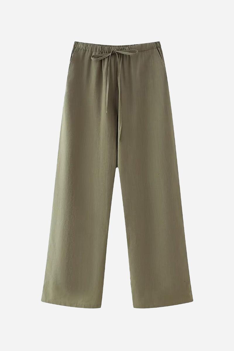 Wide-leg khaki pants from versatile Mix-Match Lounge-to-Travel Set with drawstring waist.