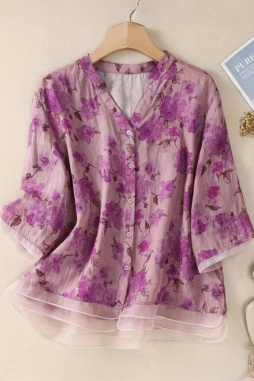 French boutique style organza floral print blouse with lightweight, breathable fabric and elegant purple flowers