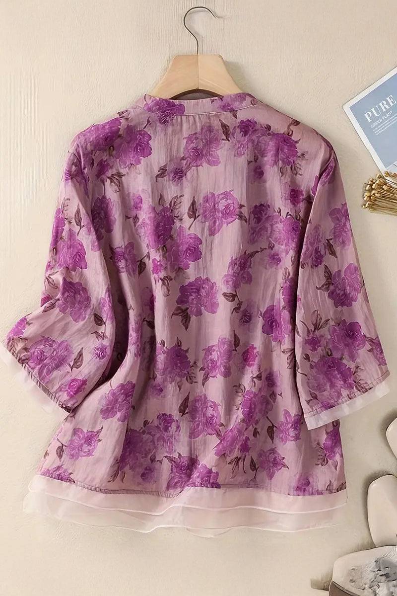 French boutique style organza blouse with purple floral print, lightweight and elegant design