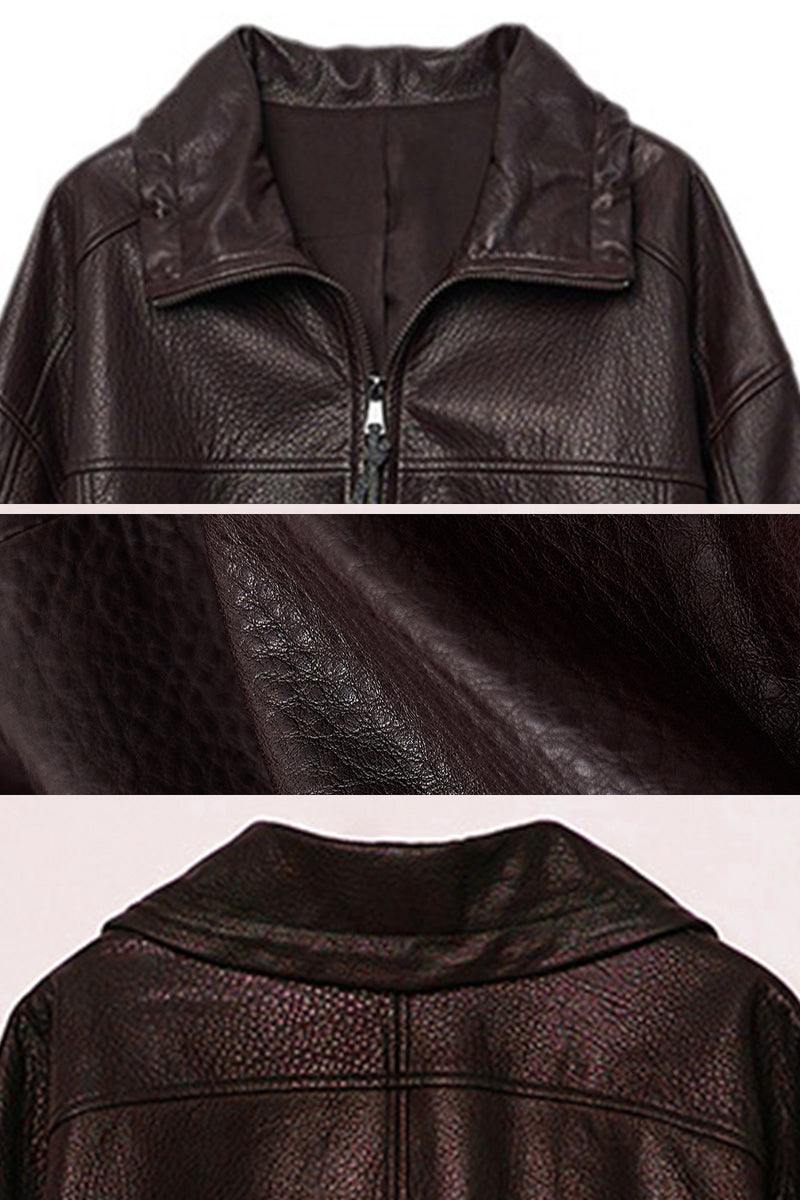 Close-up of dark brown genuine sheepskin leather jacket showing texture and collar details
