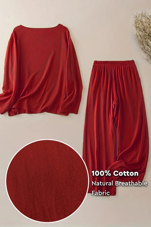 100% cotton two-piece set with breathable soft fabric, round neck top, and wide-leg pants in red