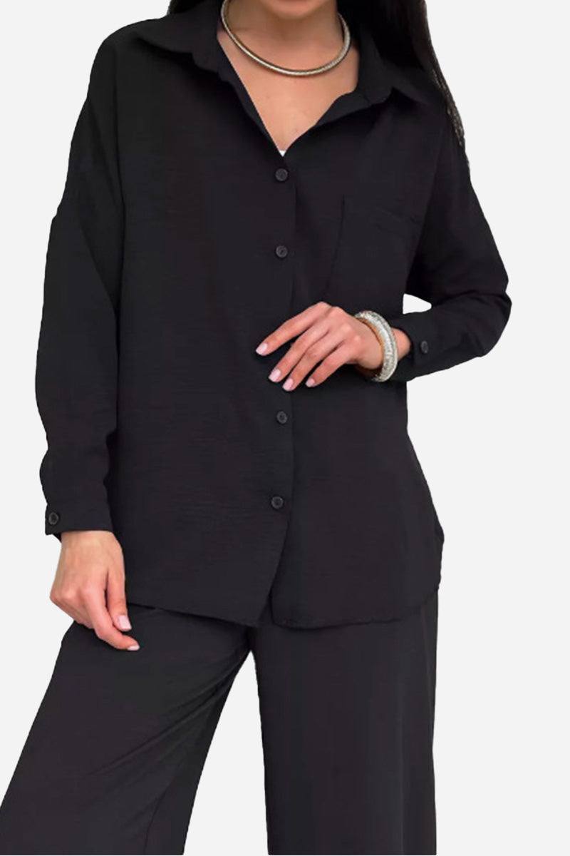 Black relaxed fit wide-leg two-piece set with button-up shirt and trousers