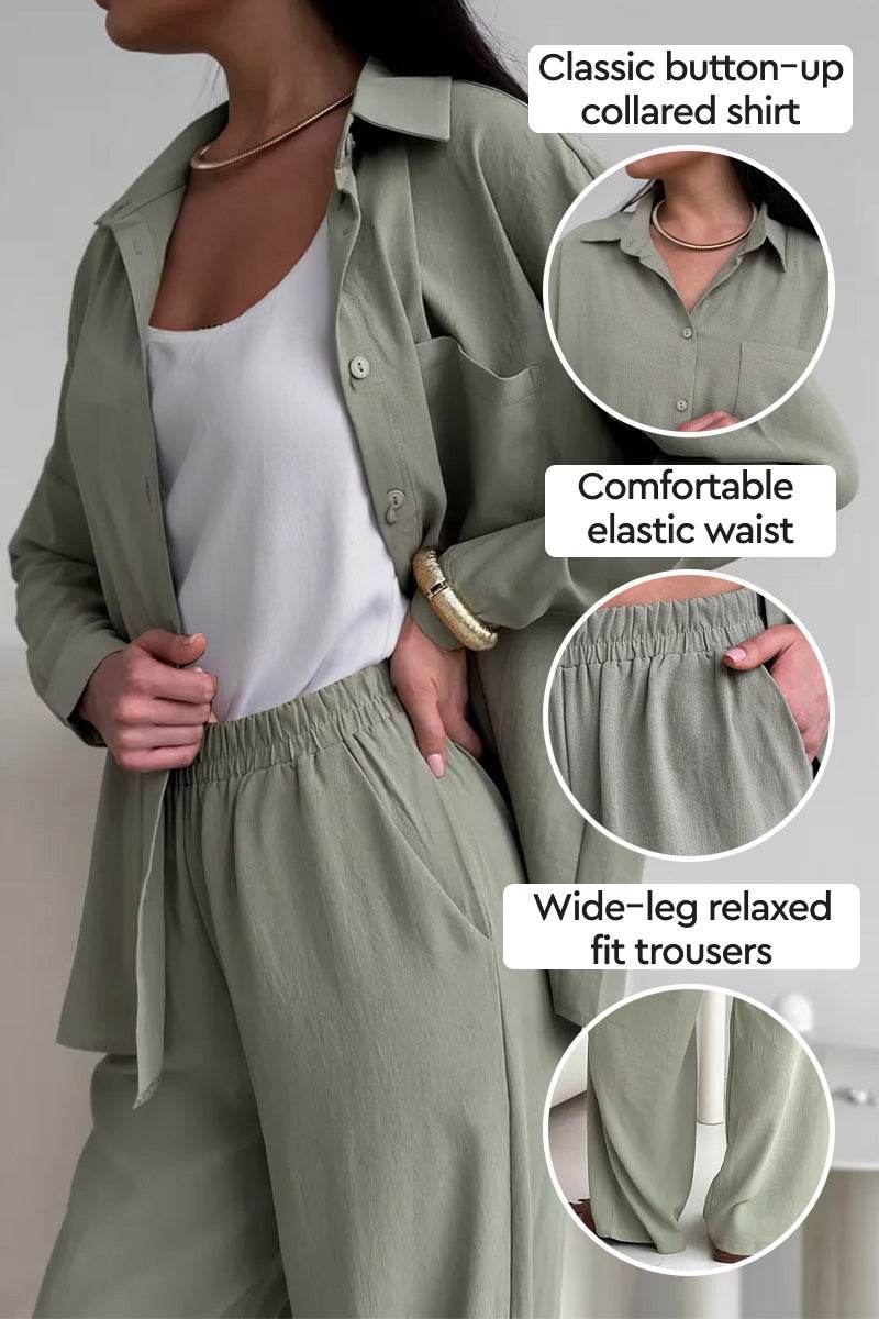 Wide-leg two-piece set with button-up shirt and elastic waist relaxed fit trousers in light olive color